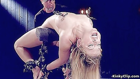 Blonde girl puts plastic dildo in her and her pussy