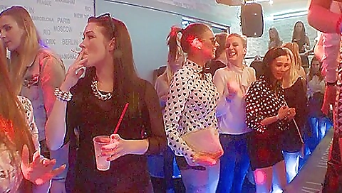 Blonde mature women with sexy black outfits party with friends