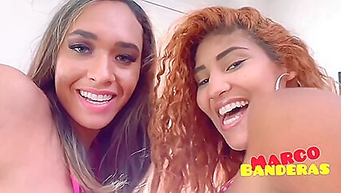 Brunette and red-haired babes deepthroating and kissing