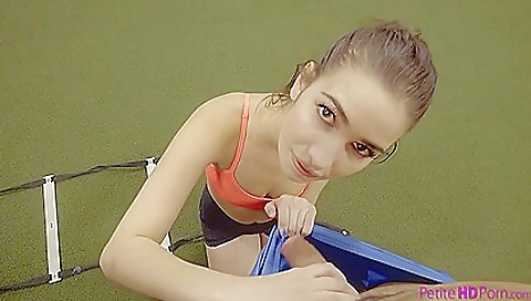 Curvy brunette with shaved pussy gets her big tits pounded