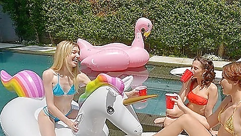 Blonde babe in a black blouse gets fucked by the three hottest men